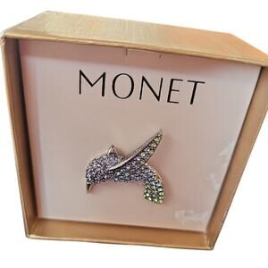 Monet Hummingbird Brooch Rhinestone Bird Pin Silver Tone Purple Green Blue 1.25"